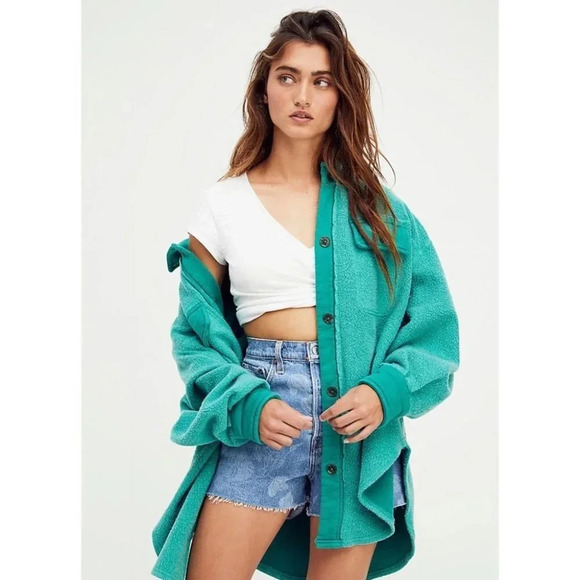 New Free People Ruby Jacket Shacket Oversized Fleece Button Watermelon Green - Picture 1 of 6